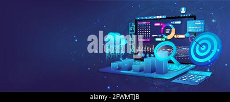 Audit, Business analysis, financial management, growth strategy and financial goal. Business development concept. Web banner with laptop, 3D cloud Stock Vector