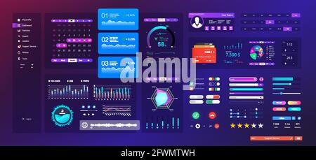 Neon UI / UX / KIT elements set. Universal design interface for Mobile App, web site design and dashboard template. UI, UX and KIT flat elements - Stock Vector