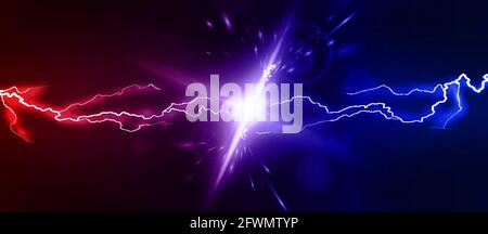 Lightning collision red and blue background, versus banner. Powerful colored lightnings and the flash from the collision. Confrontation concept Stock Vector