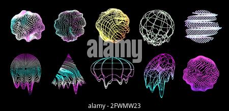 Retrofuturistic design in 80s-90s. Circle shapes with glitch and liquid set. Illuminated holographic Vaporwave, synthwave. Memphis shapes Stock Vector