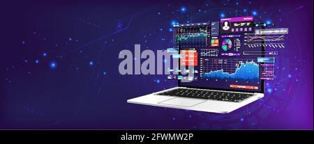 Dashboard Application on laptop with business analytics data, charts and graphics on perspective laptop. Web banner, concept statistics graphs Stock Vector