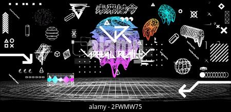 Digital design elements in 80s-90s. Retro Futurism concept, shapes box with glitch and liquid effect. Sky-fi vaporwave, cyberpunk and memphis Stock Vector