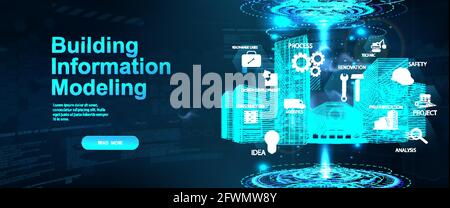 BIM - Building Information Modeling concept banner. Hologram 3D model buildings with icons and aspects BIM. Architecture building industry - modeling Stock Vector
