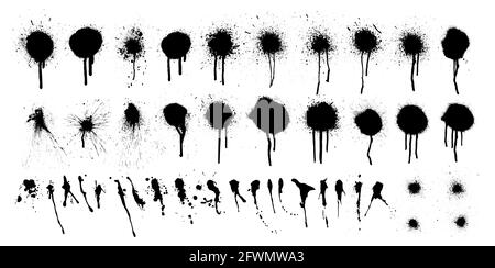 Black ink spots and blots with drip lines grunge isolated on white background. Grunge texture template. Street graffiti elements with splashes and Stock Vector