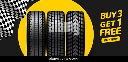 Car tire sale banner, buy 3 get 1 free. Car tyre service flyer promo background. Tire sale advertising Stock Vector