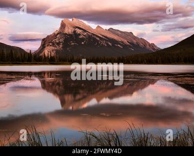 Sunset over Mount Rundle from Vermilion Lakes, Banff National Park, Alberta, Canada Stock Photo