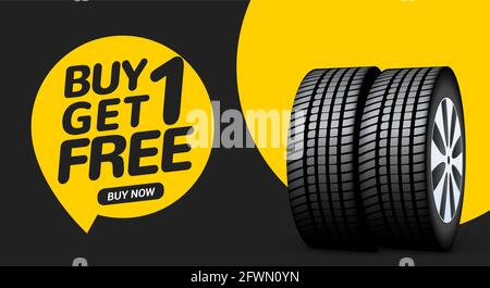 Car tire sale banner, buy 1 get 1 free. Car tyre service flyer promo background. Tire sale advertising Stock Vector