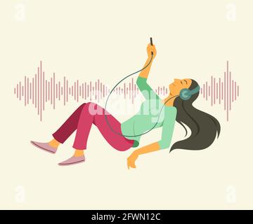 Woman Enjoy Listening and Hanging in the Space with Sound Wave Pattern Background. Stock Vector