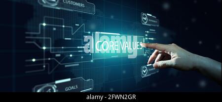 Businessman select Core Values on Virtual Screen. Core Values responsibility ethics goals innovation company. Internet, Technology, and Goal Mission. Stock Photo