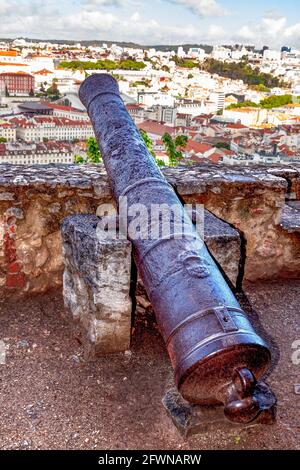 Saint George Castle is a historic castle in the Portuguese capital of Lisbon dates to at least the 8th century BC, while the first fortifications built Stock Photo