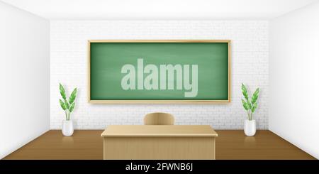 Classroom with green blackboard on white brick wall and wooden teacher table with chair. Empty chalkboard background for presentation, online conference or live stream, Realistic 3d vector concept Stock Vector