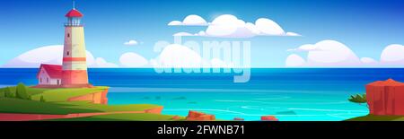 Lighthouse on sea coast. Summer landscape of ocean beach with beacon and building on cliff. Vector cartoon illustration of seascape with nautical navigation tower. Ocean shore with light house Stock Vector