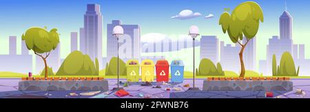 Dirty city park with trash bins for separate and recycle garbage, wooden benches and town buildings on skyline. Vector cartoon landscape of public garden with litter and containers for sorting waste Stock Vector