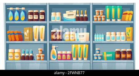Free Vector  Flat drug shelves in pharmacy shop. medicine bottle with  pills and liquid, capsules, vitamins, tablets in blister pack on shelf in  drugstore. pharmaceutics, healthcare and medical treatment concept.