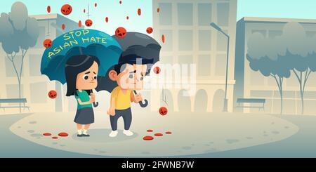 Stop Asian Hate, protest poster against racism, violence, hatred and discrimination people from Asia. Vector cartoon illustration of chinese kids with umbrella and falling negative emoji Stock Vector