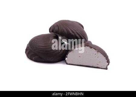 food, marshmallows in chocolate lies isolated on a white background. Stock Photo