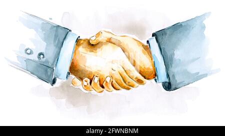 Beautiful handshake close up. Watercolor drawing painting of businessman handshake. Business partnership meeting concept. Stock Photo