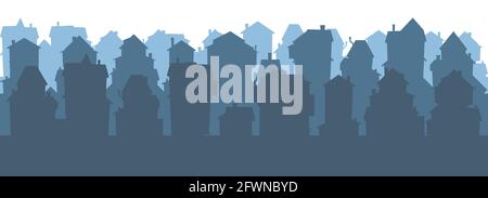 Town. Silhouette of cartoon houses of the village or city. Seamless street. Isolaterd, Horizontal. Nice cozy private residence in traditional style Stock Vector
