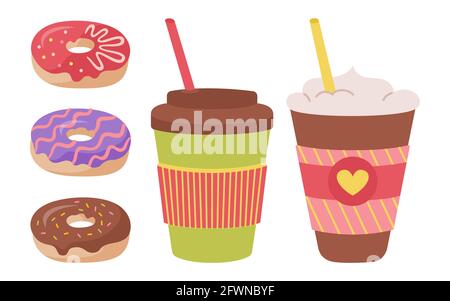 Coffee cup and donut hand drawn cartoon set. Trendy colored flat cups to go breakfast doughnut. Drinks foam hot chocolate or tea. Different disposable coffee icon collection. Vector illustration Stock Vector