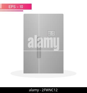 Modern large grey refrigerator with display, vertical handles and four cameras. Realistic design. On a white background. Household appliances for the Stock Vector