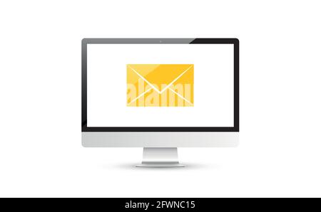 PC with new email envelope. Computer and document on screen. Flat style vector illustration. Stock Vector