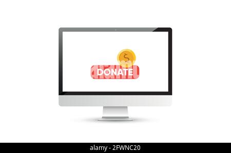 Donate online concept. Computer with gold coin and button on the screen. Stock Vector