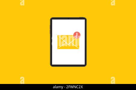 Tablet with email envelope. Tablet and document on screen. Flat style vector illustration. Stock Vector
