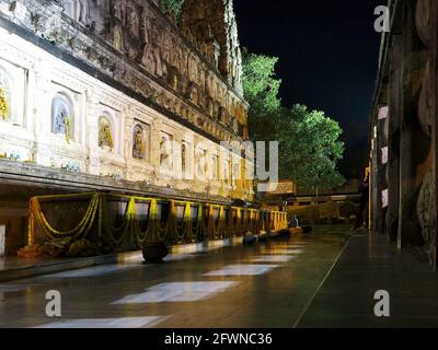 The Cloister Walk or Cankamana, MahaBodhi Temple complex, at night- one of the most sacred shrines in Bodhgaya, where the Buddha meditated - Nov 2017 Stock Photo