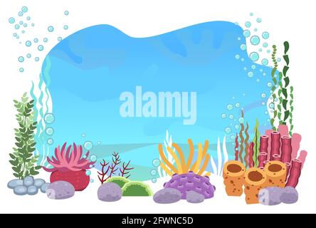 The bottom of the reservoir with fish. Blue water. Sea ocean. Underwater landscape with animals, plants, algae and corals. Illustration in cartoon Stock Vector