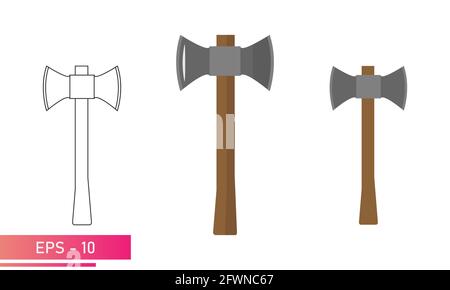 Set of axes with wooden handle, double-sided axe. Realistic and linear design. On a white background. Tools for the forester and woodcutter. Flat Stock Vector