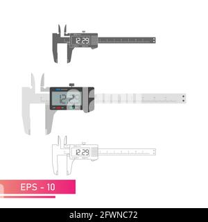 A set of digital vernier calipers with a display and a numeric scale. Realistic, lines and solid color design. Tools for technical specialists. Flat Stock Vector
