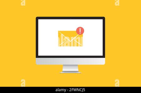 PC with email envelope. Computer and document on screen. Flat style vector illustration. Stock Vector