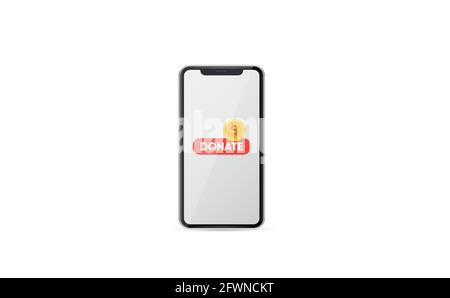 Donate online concept. Smartphone with gold coin and button on smartphone screen. Stock Vector