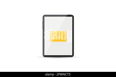 Tablet with new email envelope. Tablet and document on screen. Flat style vector illustration. Stock Vector