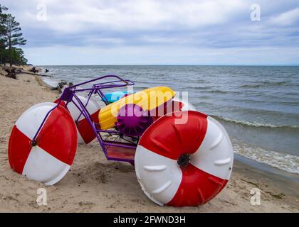 Beautiful stormy sea view, unusual catamaran, nice background. Stock Photo