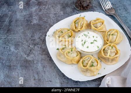 Traditional steamed manti with yogurt and dill, top view Stock Photo