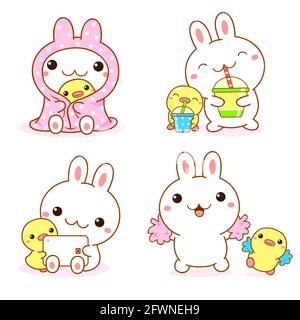 Set of kawaii bunny and duckling. Cute little duck and rabbit friends with pom-pom, tablet, fruit cocktail, wrapped in a blanket. Vector illustration Stock Vector