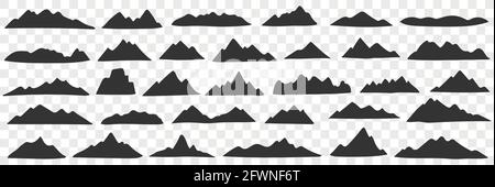 Mountains range silhouettes doodle set. Collection of hand drawn various black silhouettes of natural hills mountains in rows isolated on transparent background  Stock Vector