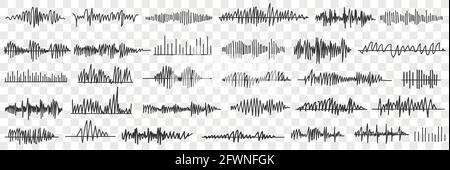 Sound and voice recording doodle set. Collection of hand drawn various records of voice or sounds in special programs in rows isolated on transparent background  Stock Vector