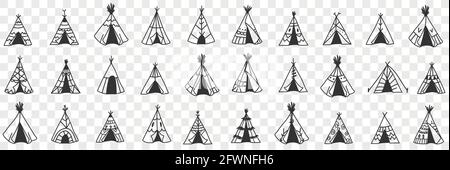 American ethnic wigwam doodle set. Collection of hand drawn various types and styles of traditional indian american wigwam house in rows isolated on transparent background  Stock Vector