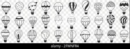 Flying Air balloon doodle set. Collection of hand drawn various patterned air balloons for making trip and having fun in rows isolated on transparent background  Stock Vector