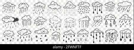 Natural falling precipitation doodle set. Collection of hand drawn various natural disasters rain snow falling from clouds in rows isolated on transparent background  Stock Vector