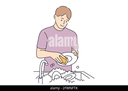 Washing dishes and housework concept Stock Vector