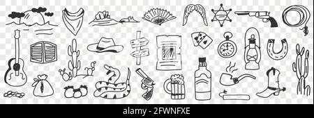 Traditional cowboy symbols doodle set. Collection of hand drawn various guitar snake boots bottle gun traditional for cowboy culture in rows isolated on transparent background  Stock Vector