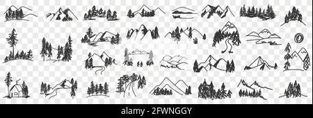 Mountains valley landscapes doodle set. Collection of hand drawn various sceneries and views of natural forest and mountains landscapes in rows isolated on transparent background  Stock Vector