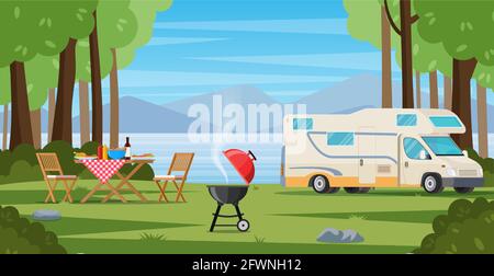 Camper with barbecue folding table deckchair Stock Vector