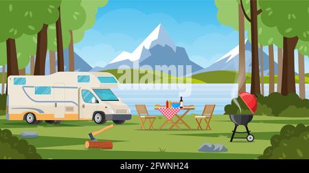 Camper with barbecue folding table deckchair Stock Vector