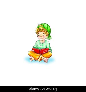 Boy toddler kid sit smile barefoot student teenager laugh read book joy school leisure education business template friendly concentration Stock Photo