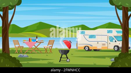 Camper with barbecue folding table deckchair Stock Vector