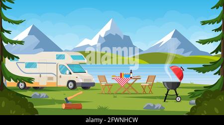 Camper with barbecue folding table deckchair Stock Vector
